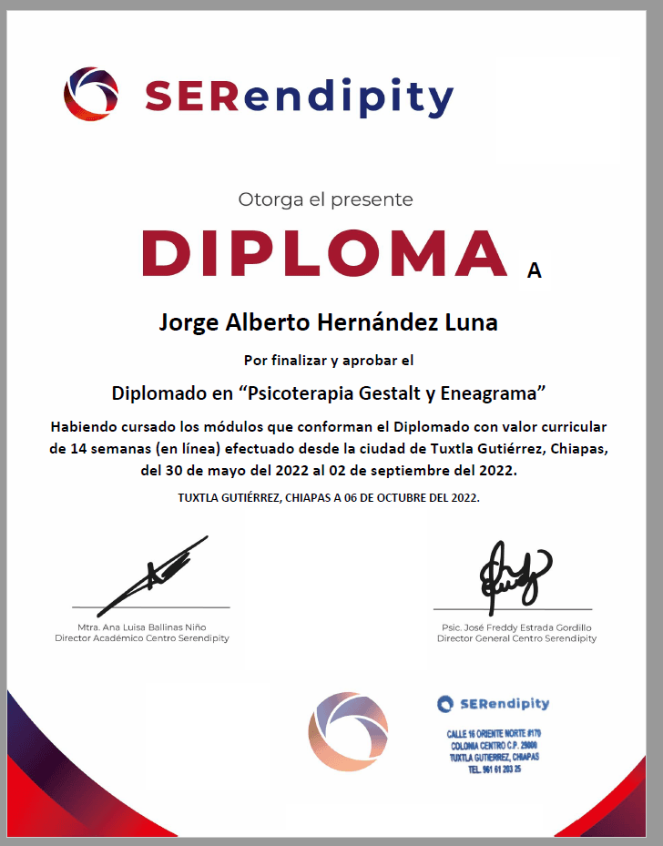 Certificación: Diplomado en Psicoterapia Gestalt y Eneagrama