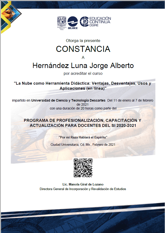 Certificación: Constancia — La Nube como Herramienta Didáctica: Ventajas, Desventajas, Usos y Aplicaciones