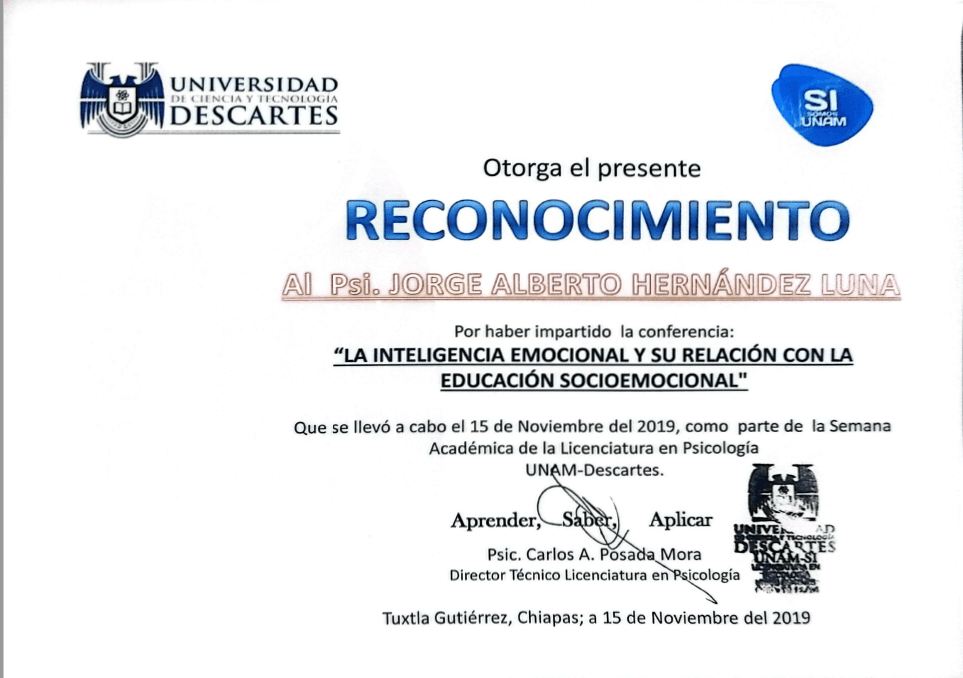 Certificación: Reconocimiento — La Inteligencia Emocional y su Relación con la Educación Socioemocional