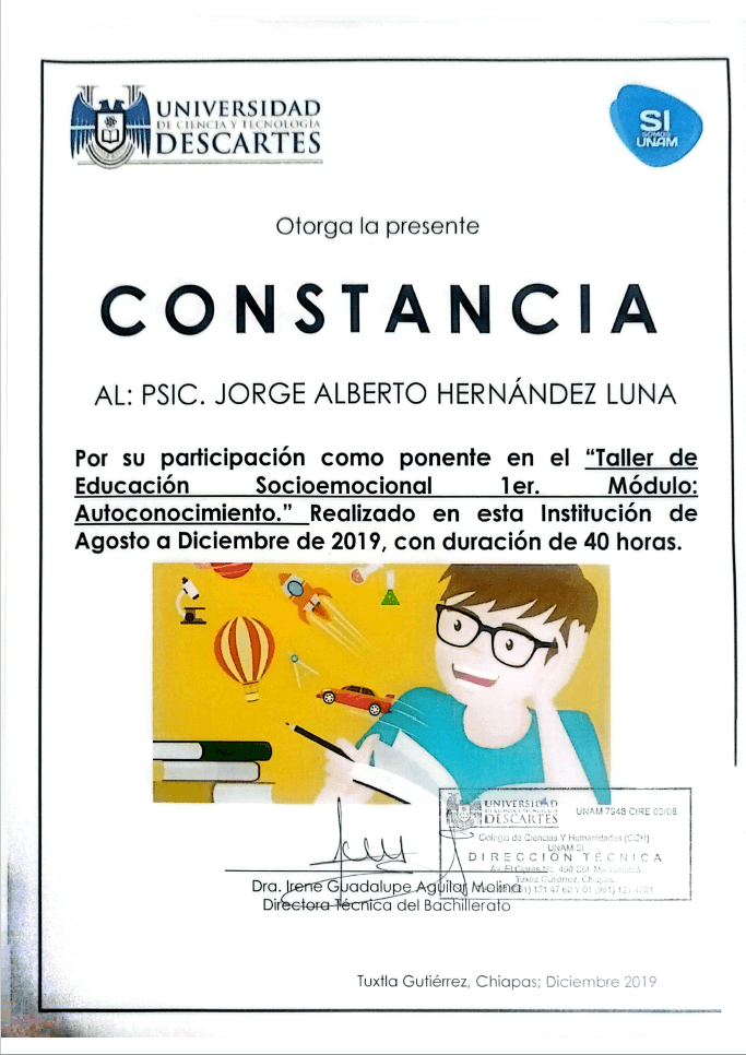 Certificación: Constancia — Taller de Educación Socioemocional 1er. Módulo: Autoconocimiento
