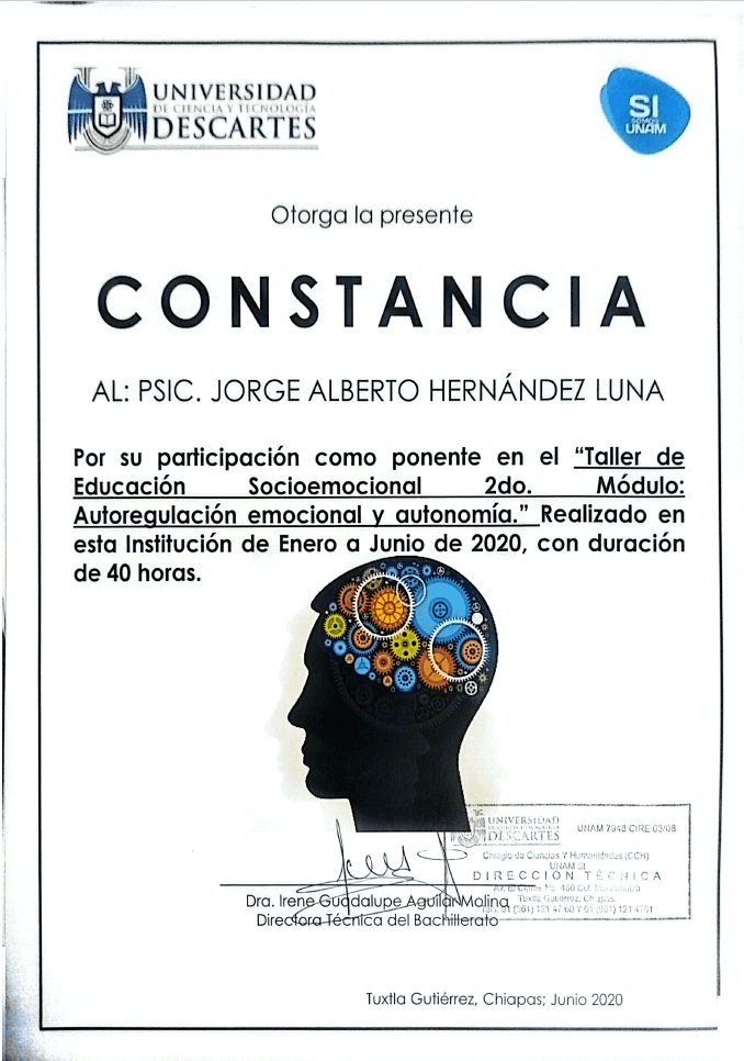 Certificación: Constancia — Taller de Educación Socioemocional 2do. Módulo: Autorregulación Emocional y Autonomía