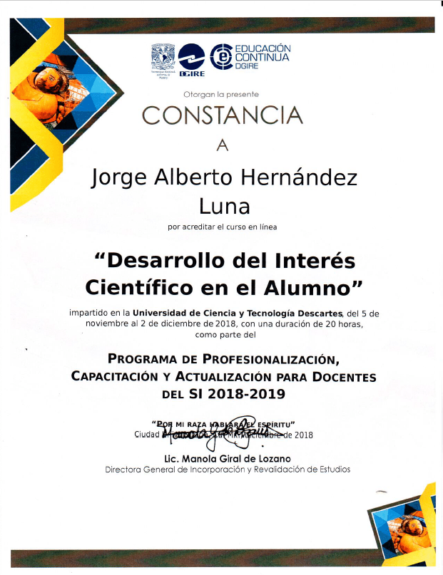 Certificación: Constancia — Desarrollo del Interés Científico en el Alumno