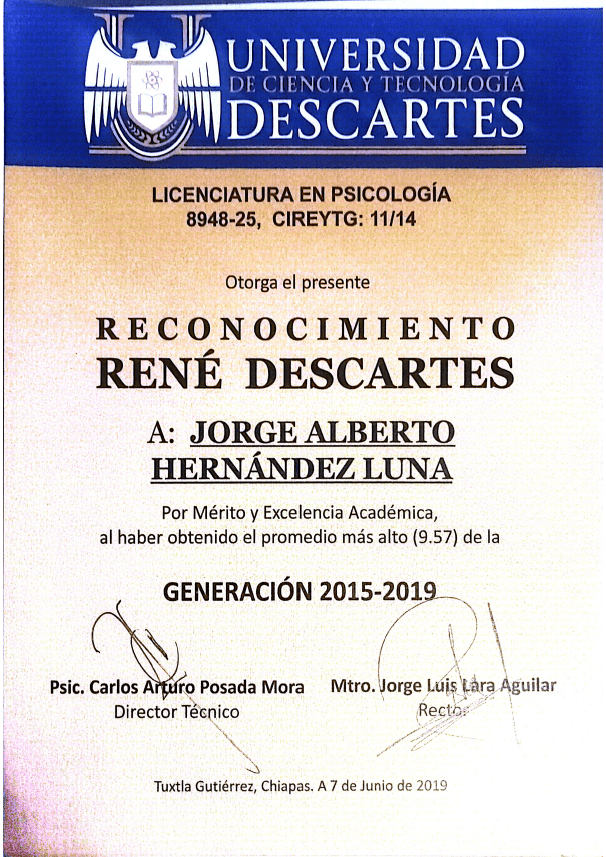 Certificación: Reconocimiento René Descartes por Mérito y Excelencia Académica — Promedio más alto (9.57) de la Generación 2015-2019